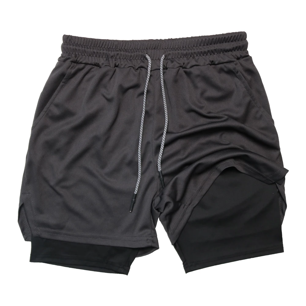 Men's Double Layer Fitness Shorts Men Fitness Gym Training 2 in 1 Sports Shorts Quick Dry Workout Jogging Double Deck Summer