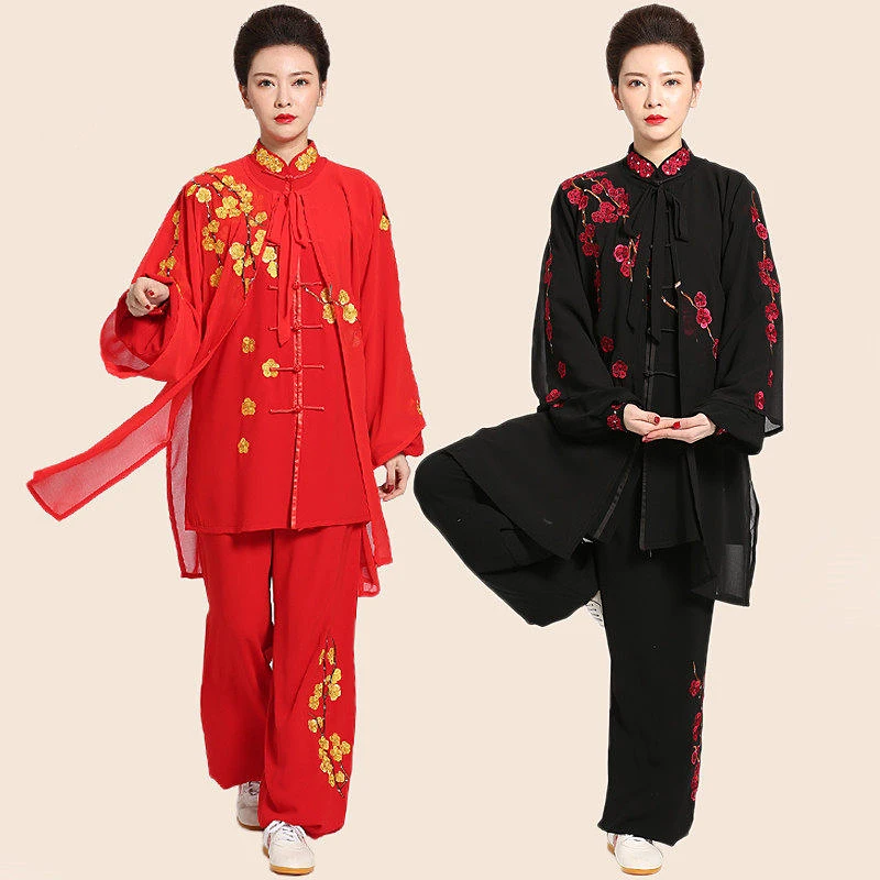 Women's Unisex Tai Chi Suit New Arrival 2024 Silk Linen Crimson Red Dream Black Embroidery Plum Blossom Performance Wear