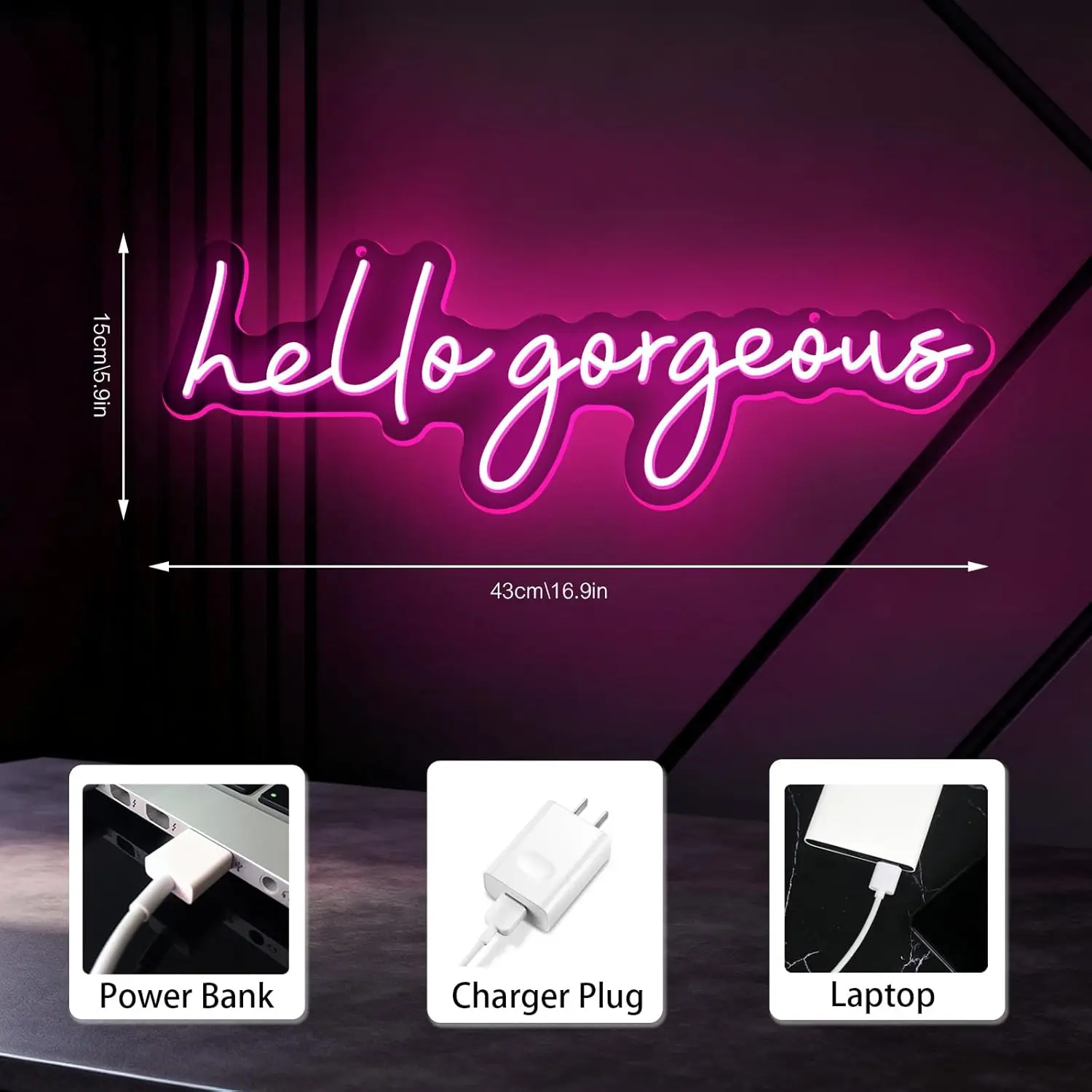 Hello Gorgeous Neon Sign Pink Dimmable USB LED Neon Light for Bacelorette Party Beauty Studio Bedroom Girls Room Bar Wall Decor