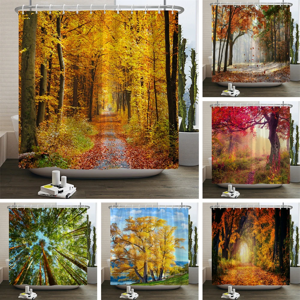 Autumn Fallen leaves Forest Scenery Shower Curtain Bathroom Curtain Printed Fabric Waterproof Bath Curtain Home Decor Curtains