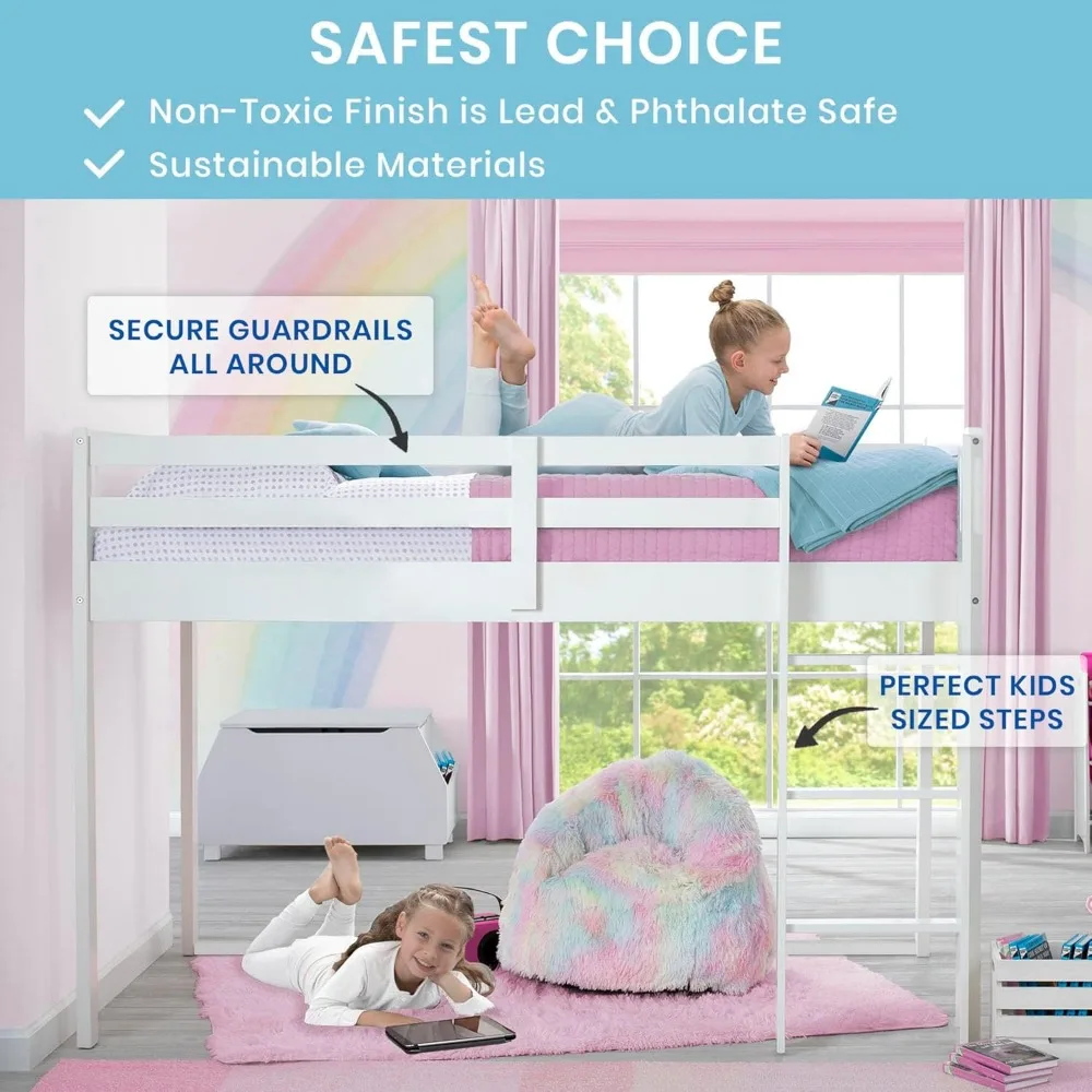 Children Twin Loft Bed with Guardrail and Ladder (Coordinates with Disney Princess & JoJo Siwa Tents Sold Separately), Whi