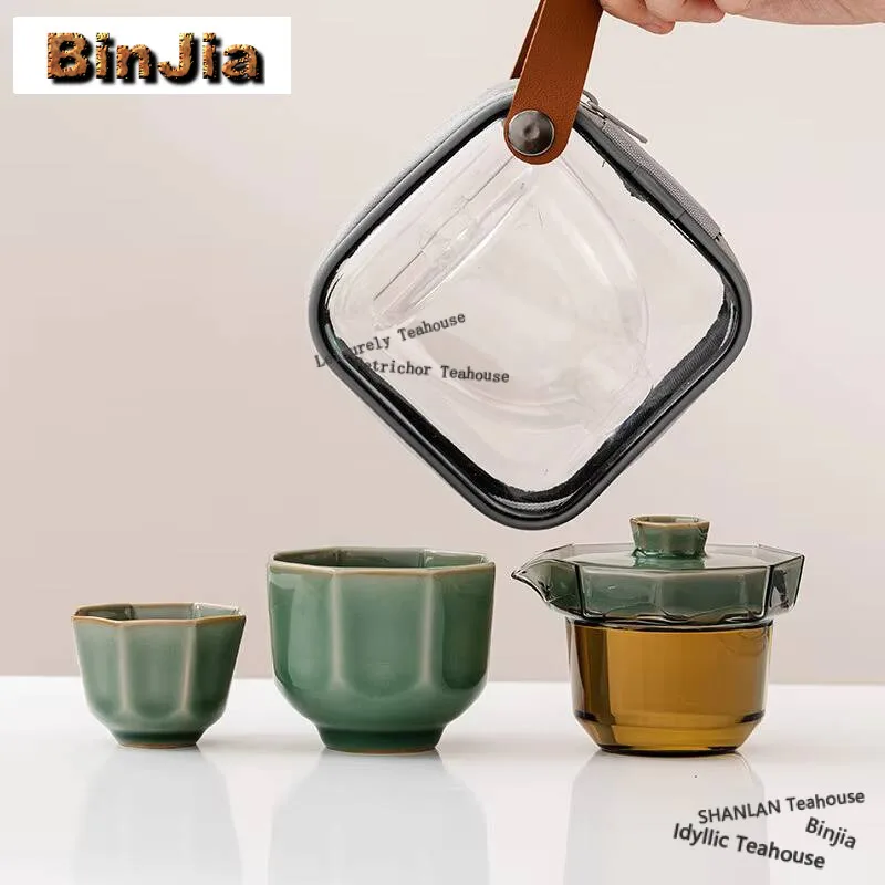 Yue Kiln Celadon Travel Portable Guest Tea Set Kit Boutique Set Of Cups 1 Pot 3 Cups Glass Tea Making Tools Outdoor Handbag Gift