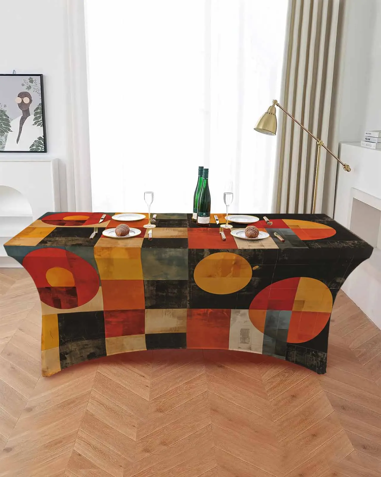 Geometric Retro Abstract  Elastic Table Skirt Wedding Birthday Table Decoration Table Skirt Tablecloth for Party