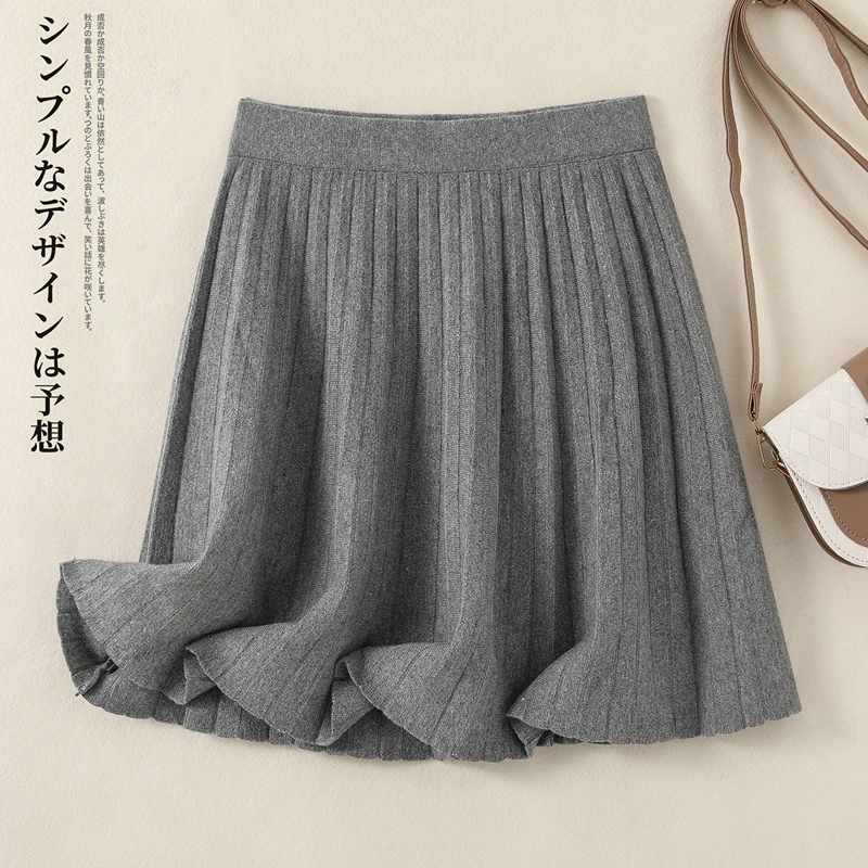 

Autumn Winter Knitted Pleated Mini Skirt Women Simple Elastic High Waisted A-line Work Party Short Skirt