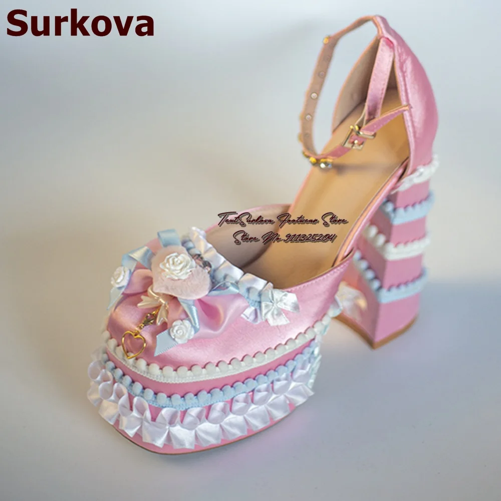 

Surkova Pink Satin Strange Chunky Heel Wedding Shoes Butterfly-Knot Decorated Platform Pumps Princess Sweet Heart Flowers Shoes