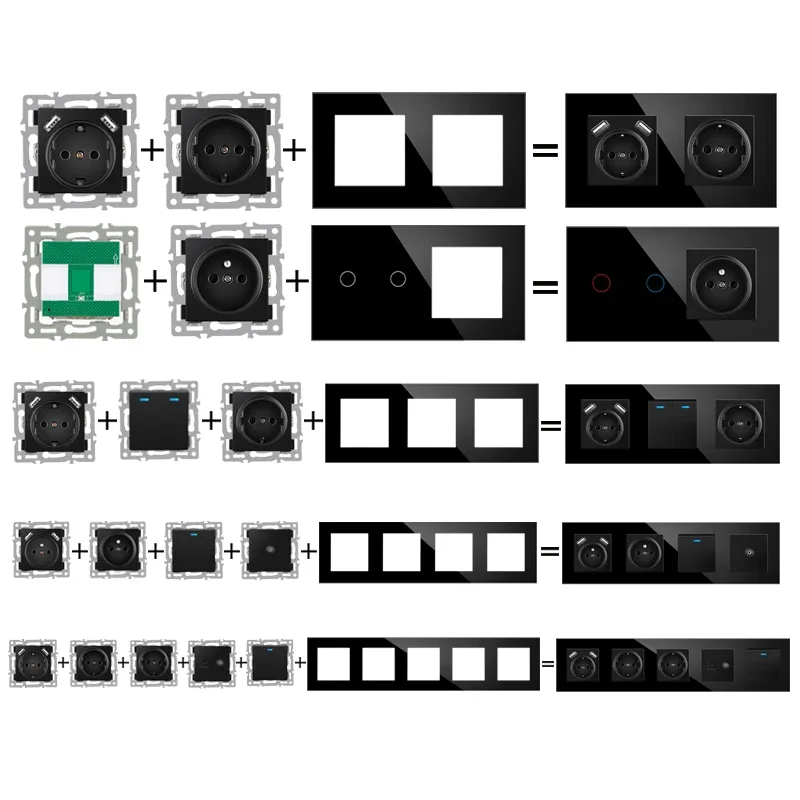 TODSDOT wall-mounted module diy EU standard wifi switch socket combo black glass panel button function free combination 220v