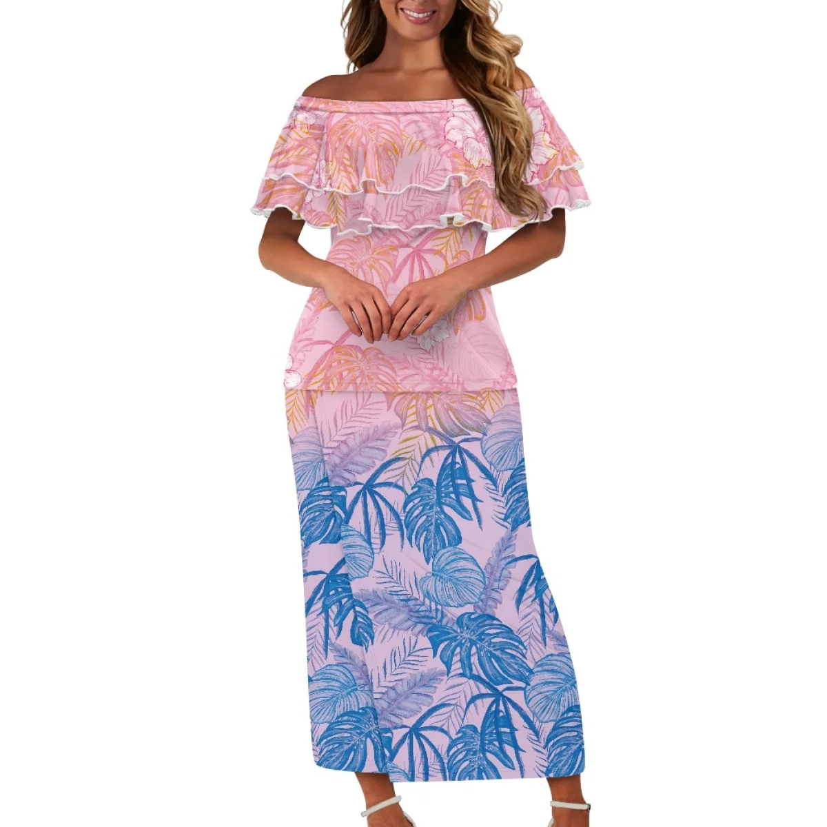 

Summer Women Puletasi Samoa Dresses Polynesian Tribal Clothing Pink Tropical Print Lady Off shoulder Ruffle Two Piece Set