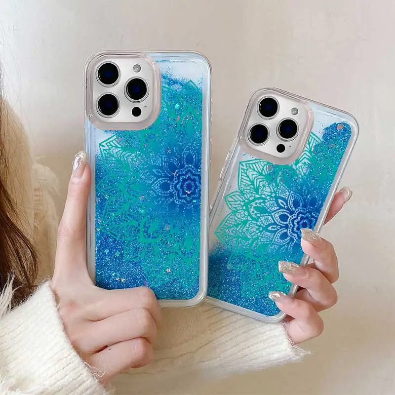 

Transparent Painting Blue Quicksand Flowers Phone Case For iPhone 16 15 14 13 12 11 17 Pro Max Plus X Xs Max XR Sequins Cover