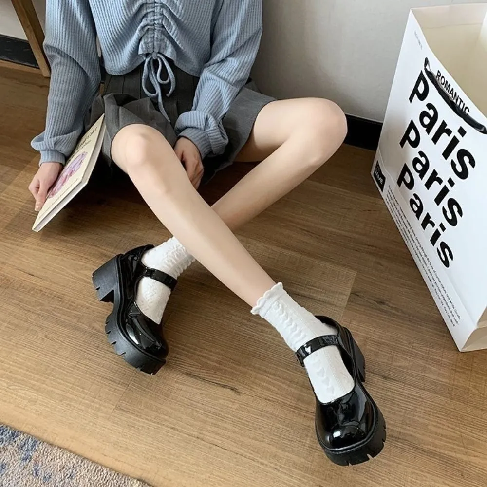 Mary Janes Lolita JK Leather Shoes PU Leather Ankle Buckle Casual Single Shoes Lolita Platform Black High Heels Shoes Girls