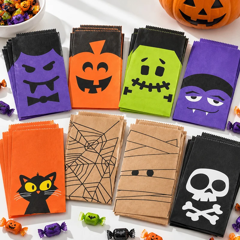 8-24PCS/Pack Various Spooky Design Halloween Paper Bags Pumpkin Ghost Cat Mummy Skull Bat Event Packaging Trick or Treat Bag ZYF