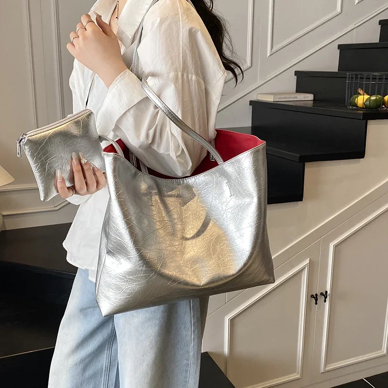 Quality Soft Leather Handbag Tote Simple Commute Bag Silver Lady Underarm Handbag Large Capacity Shoulder Bag With Coin Purse