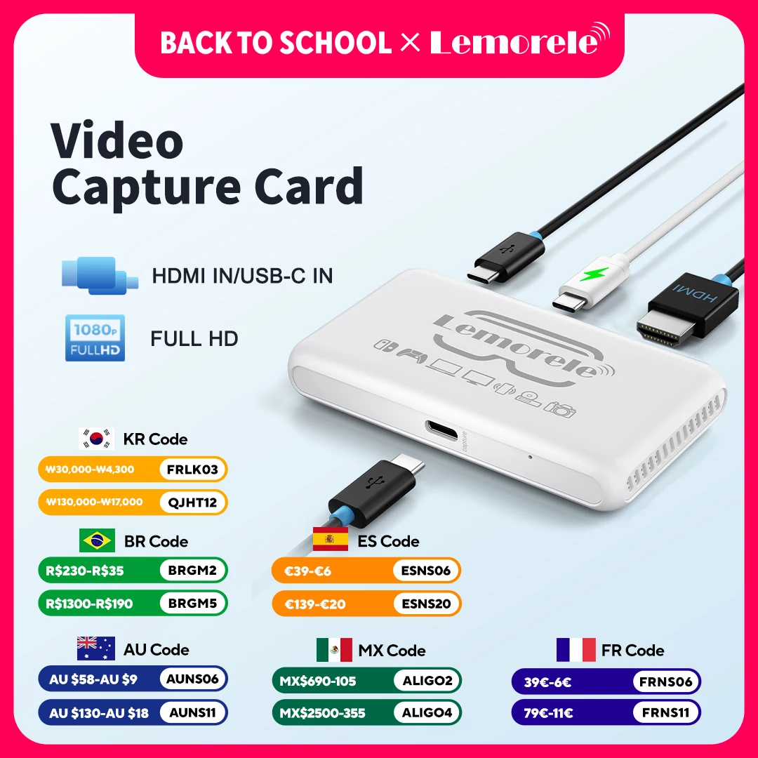 Lemorele 1080P Video Capture Card for Meta Quest Glasses HDMI/Type-C to USB Video Recorder for Game Recording Live Streaming