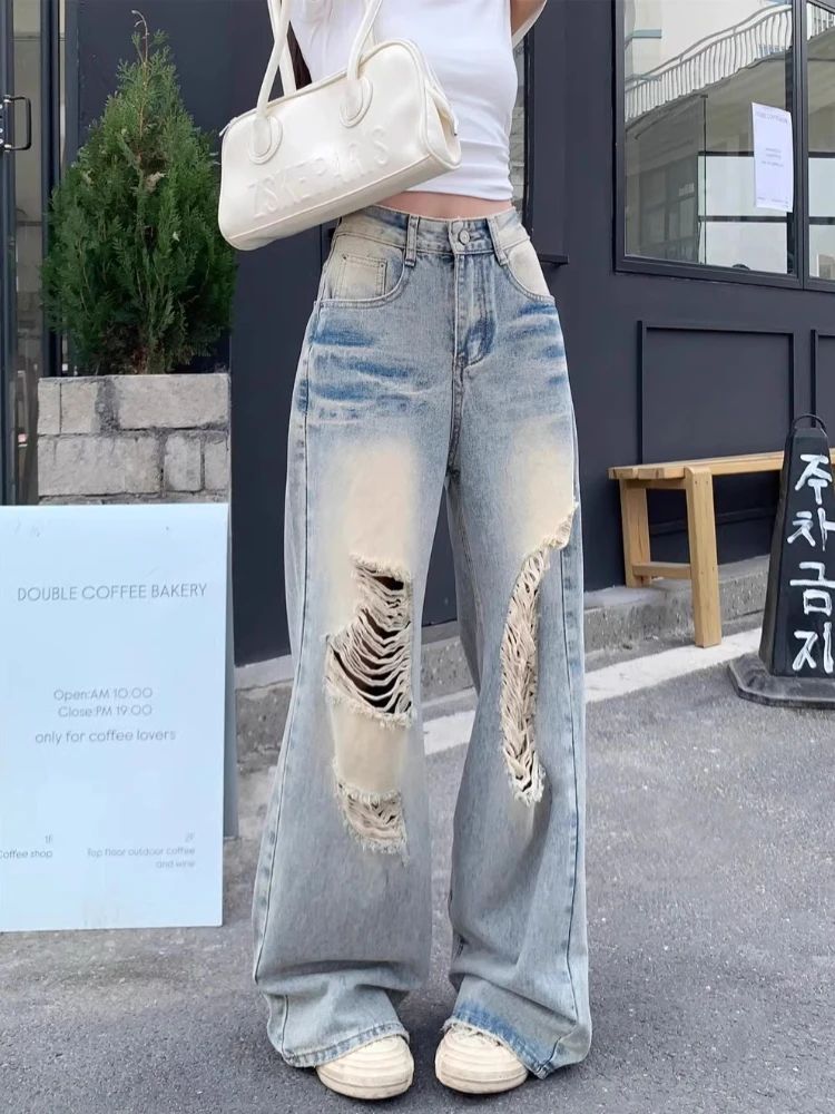 

Retro American style hole loose wide leg pants women's summer high waisted washed straight leg floor length jeans pants