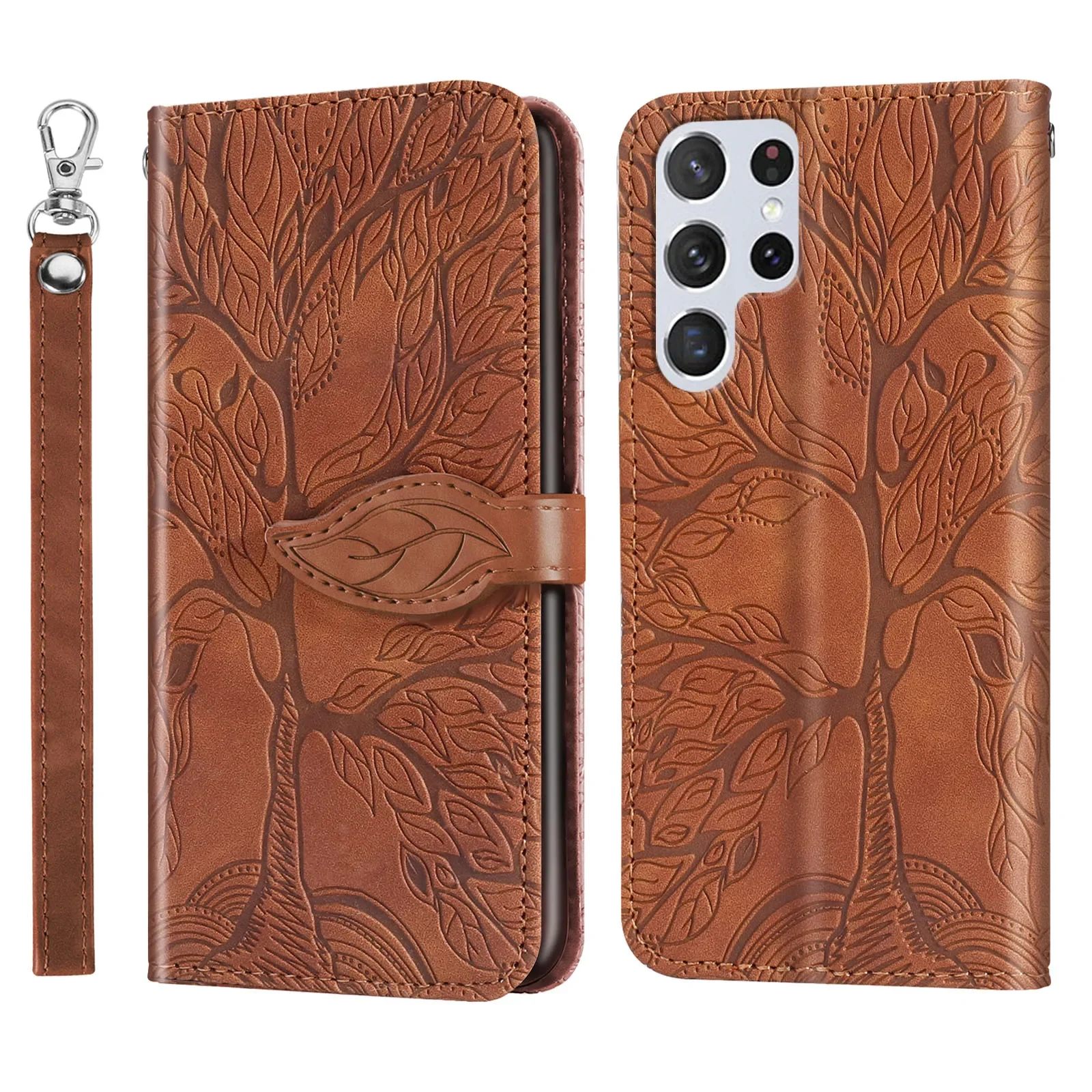 Embossed Tree Leather Phone Wallet Case Book For Samsung Galaxy S25 S24 Ultra S23 S22 S21 S20 FE S10 S9 S8 Plus Note Flip Cover