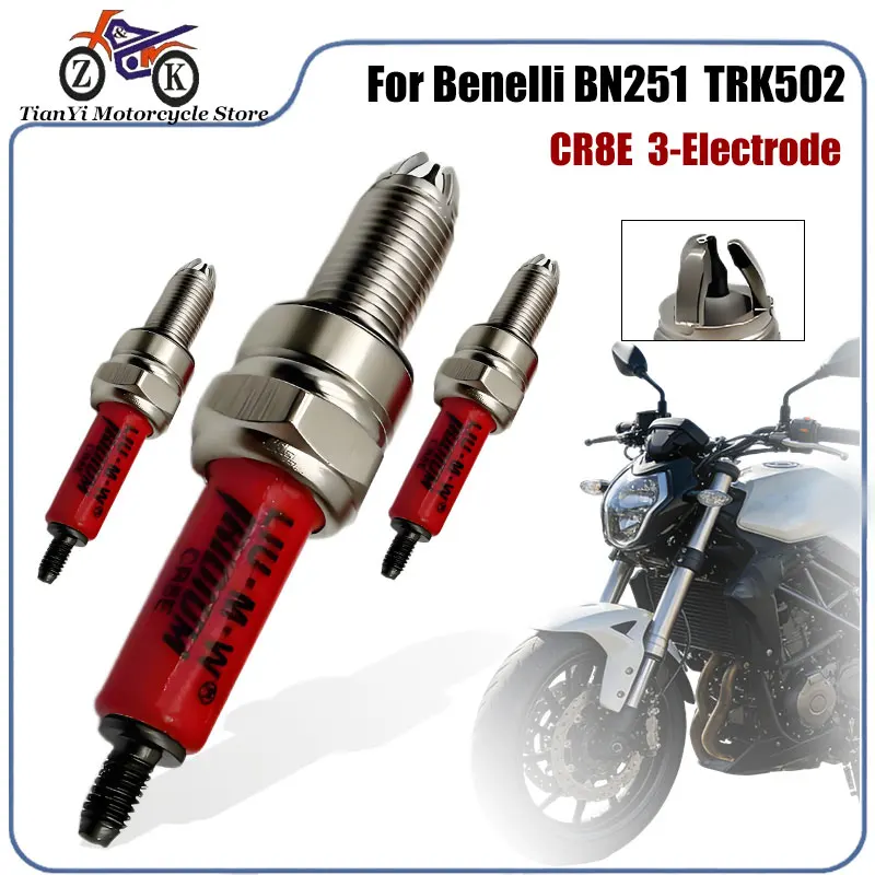 Bujías de encendido para motocicleta CR8E de 3 electrodos, 3 uds., para Benelli TRK502 Stels BN251 TNT300 Keeway RK6, 10x19mm, bujía de iridio EFI