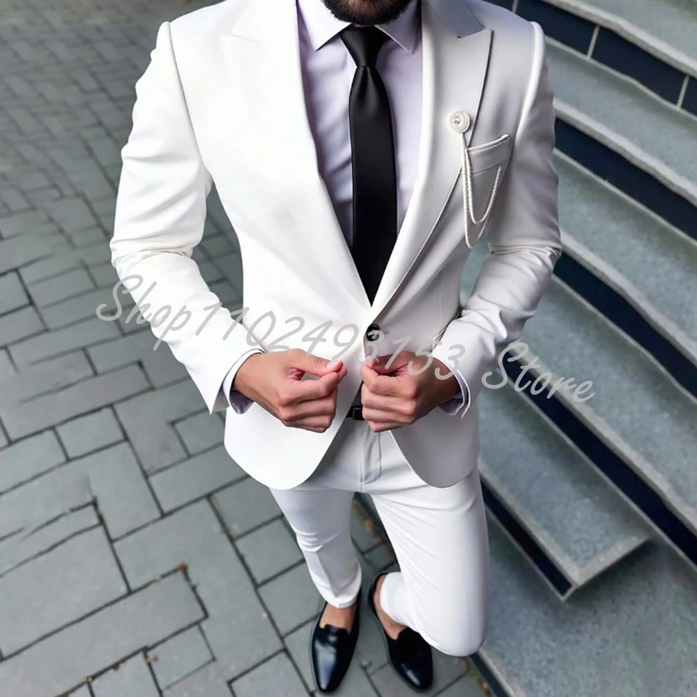 

White Men's Wedding Suits 2 Pieces Single Breasted Formal Business Tuxedo Blazer Pants for Wedding Groom Costume Homme Mariage