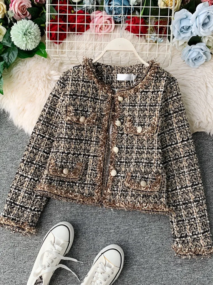 

New Autumn Winter Vintage Tweed Jacket Coat Women Small Fragrance Patchwork Korean Woollen Cropped Coats Elegant Short Outerwear