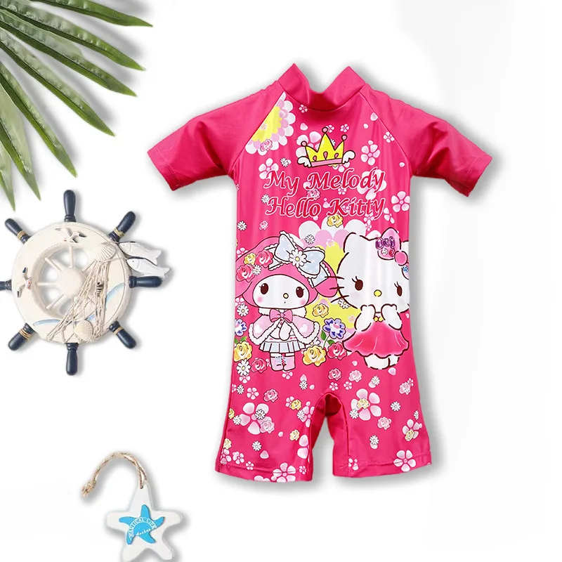 Miniso Hello Kitty Child Bikini Girls Swimwear Kid One-Piece Swimsuit Cute 2-6Y Kindergarten Bathing Dress Students Swimming Cap