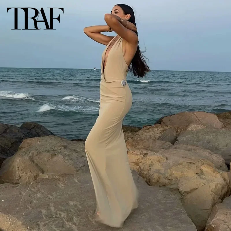 TRAF Long Dresses 2024 Summer Elegant Party Evening Halter Dresses Ladies Fashion Backless Sleveeless Shell Khaki Dress