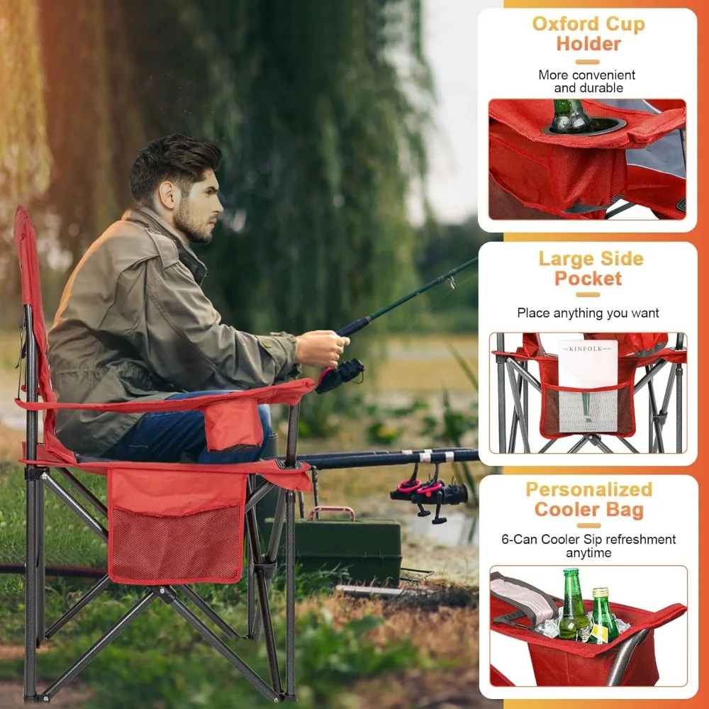 King-size camping chair, supports up to 500 pounds, with padded backrest and armrests, red, 2-pack.
