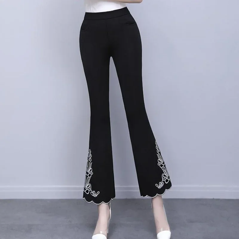 Spring New Patchwork High Waist Flare Pants Solid Color Slim Plus Size Black Wide Leg Pants Vintage Casual Women Clothing Z71