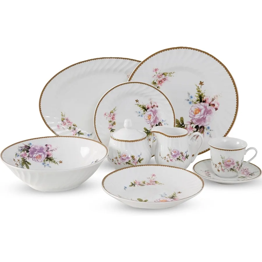 

Набор столовой посуды Paradise Timeless Rose Floral, 45 предметов, сервиз для 6 фарфоровых тарелок и мисок с тиснением, золотая отделка наклейки Ap