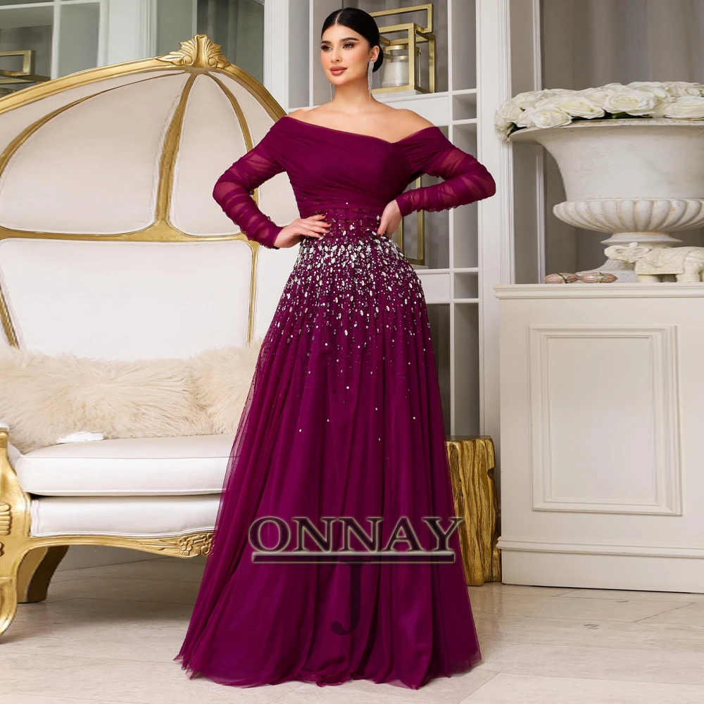 

Customized Charming Rhinestones Evening Dresses Off Shoulder Pleating Aline Full for Women Vestidos De Gala Plus Dubai Kuwait