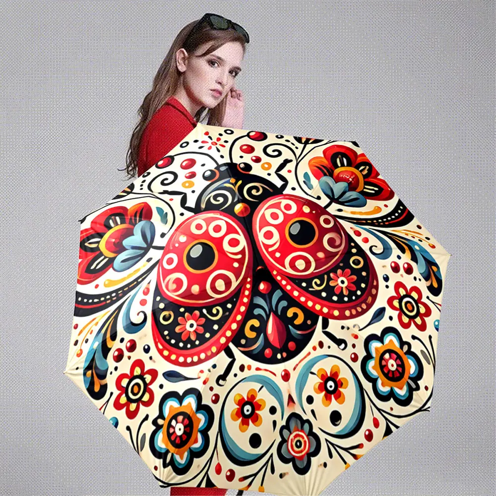 Colorful Floral Ladybug Design Umbrella - Vibrant Art Style Portable Folding Umbrella, Gift for Family And Friends