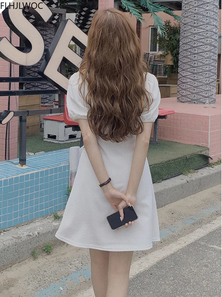 2022 Summer Cute Sweet Girls Women Korea Japan Preppy Style Casual Short Sleeve Solid A Line O Neck Black T-Shirt Dress