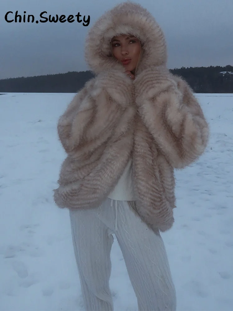Street Hooded Faux Fur Coat Women Loose Full Sleeve Thicken Fluffy Overcoats Female 2025 Autumn Winter Lady Warm Luxury Outwear