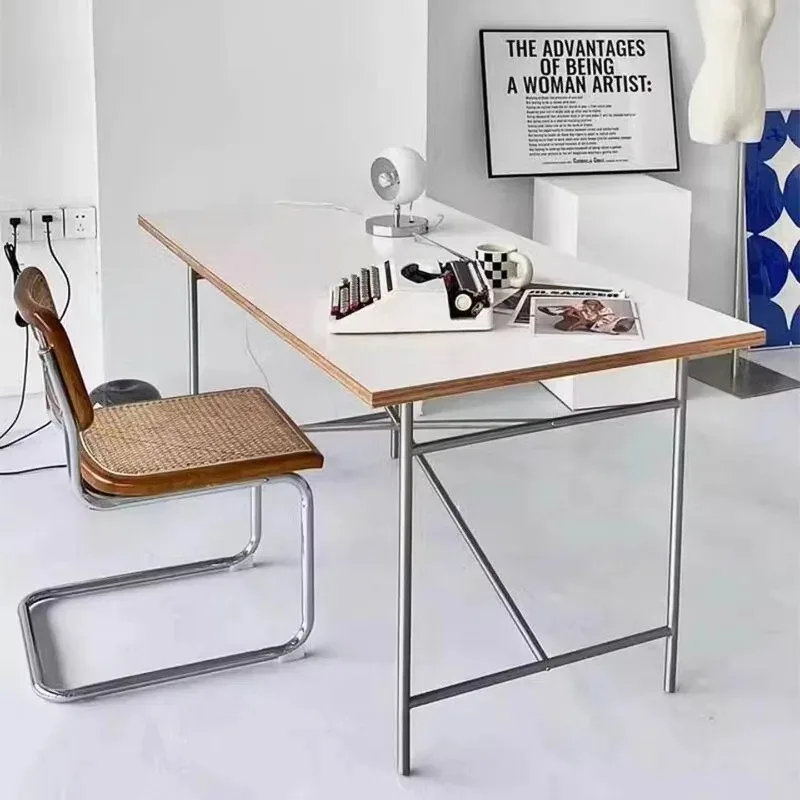 

Rectangle dining table studio desk 120 * 60 * 75cm white desktop + carbon steel feet