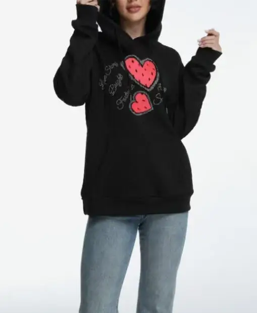 

2025 Autumn and Winter Hot Selling Women's Long Sleeved Hooded Printed Sweatshirt Top with Rhinestone Printing