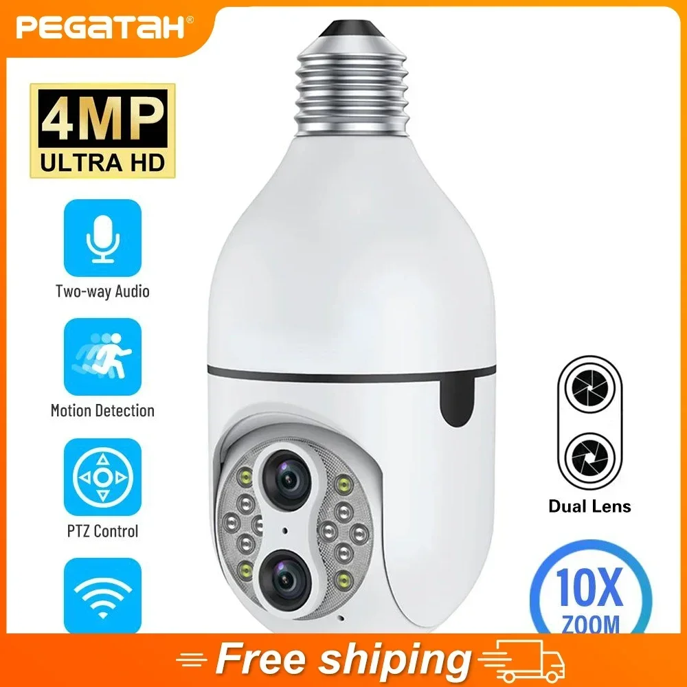 Dual Lens Wifi PTZ Camera 1080P Bulb Light 10X ZOOM Indoor Outdoor Surveliance Security Cam Night Vision Wide Angle IP Cameras