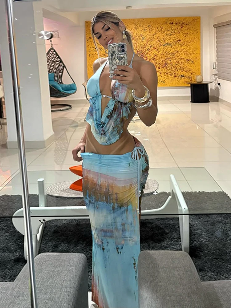 

Women Sexy Halter Skirt Suit Irregular Tie-dye Lace-up Backless Spaghetti Strap Ruffled Dress Set 2025 Summer Beach Party Gown