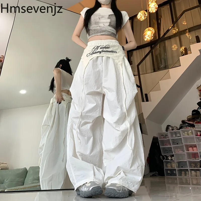 

Hmsevenjz American Lace-up Casual Pants for Women's Spring and Summer Hip-hop Dance Loose Cargo Wide Leg Pants Female Clothes