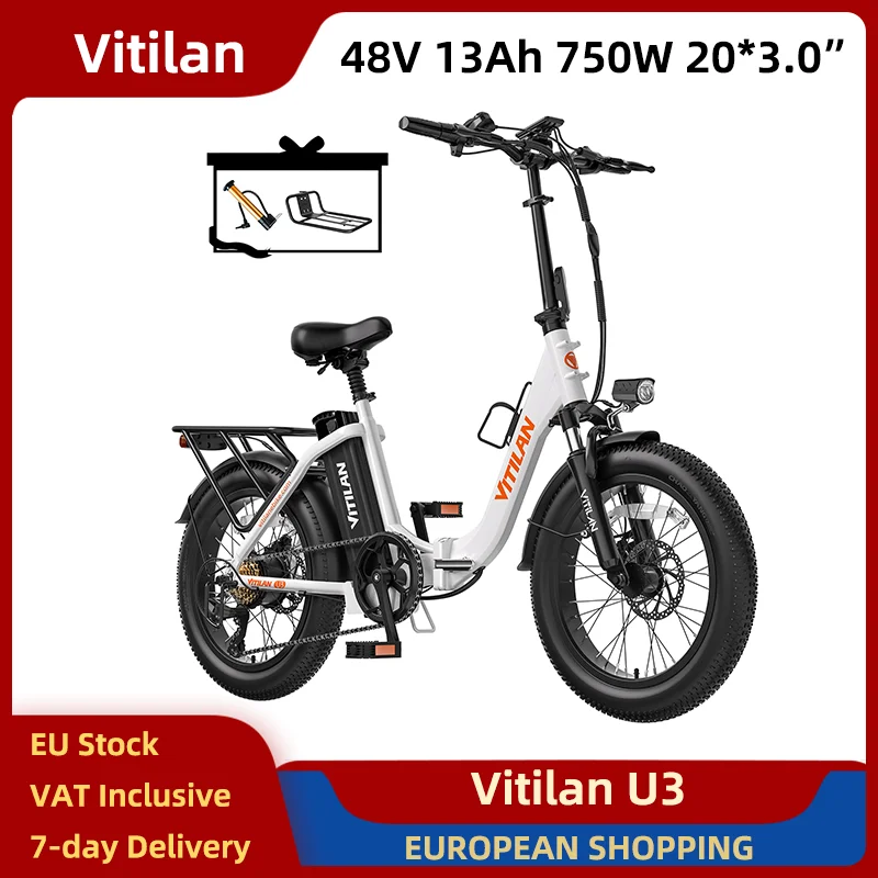 Vitilan U3 Bici Elettrica 750W 48V 13Ah 20*3.0 Pneumatici Pieghevoli E-bike Freni A Disco Meccanici 45 km/h 7 Velocità Doppia Sospensione Bianco