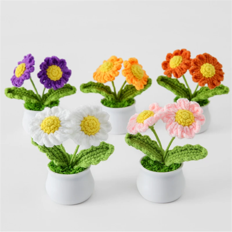 Double-Headed Wool Knitted Daisy Small Potted Bedroom Desk Artificial Flower Ornaments Girl's Best Friend Life Gift Quantity 10