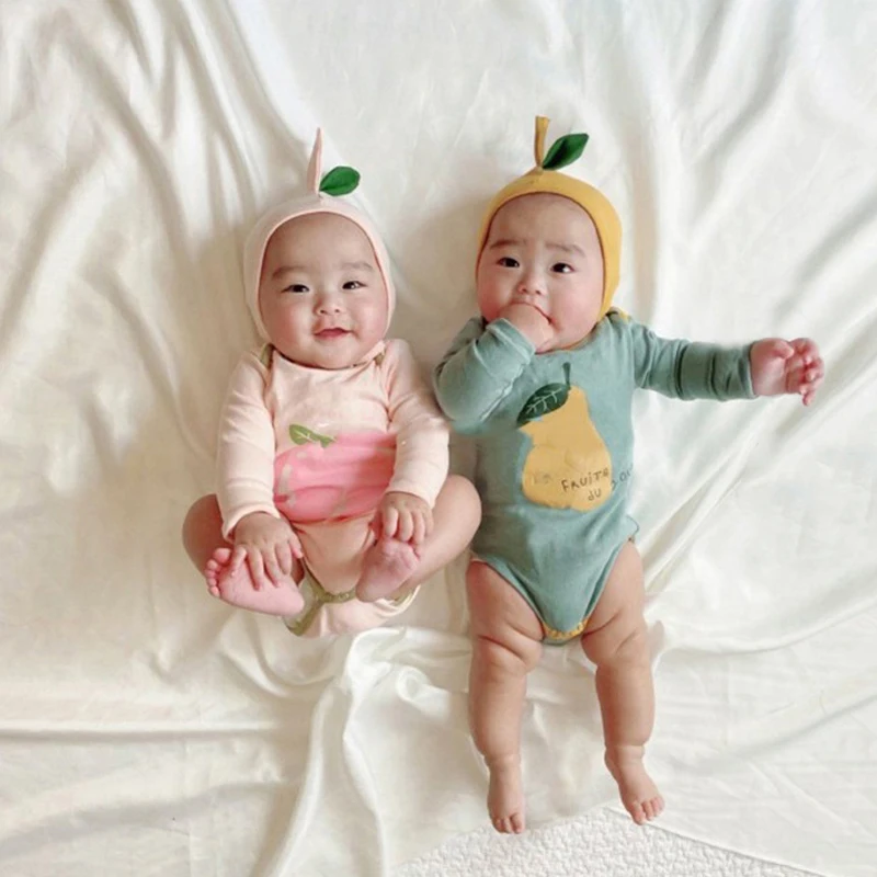 Ins Baby Rompers Fruit Print Boys Girls Cotton Long Sleeve Romper Hat 2pcs Sets Peach Pearl Cute Jumpsuit Bodysuit