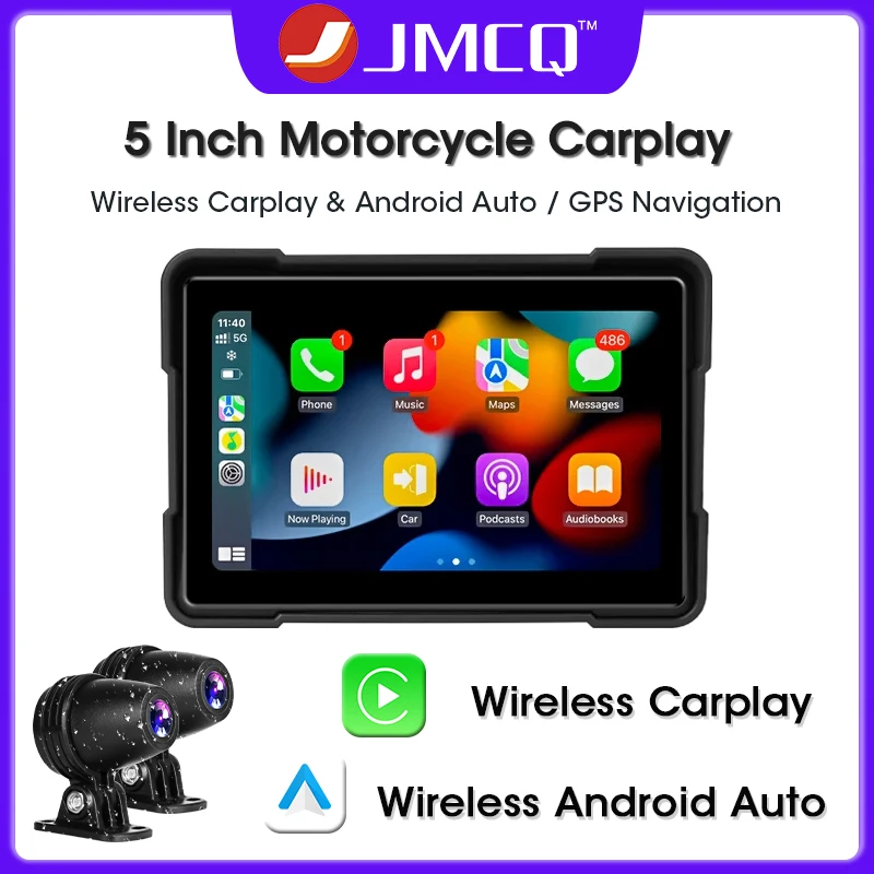 JMCQ 5 Inch Motorcycle Carplay Screen Wireless Carplay & Android Auto IP67 Waterproof GPS Navigation IPS Screen Display Dash Cam