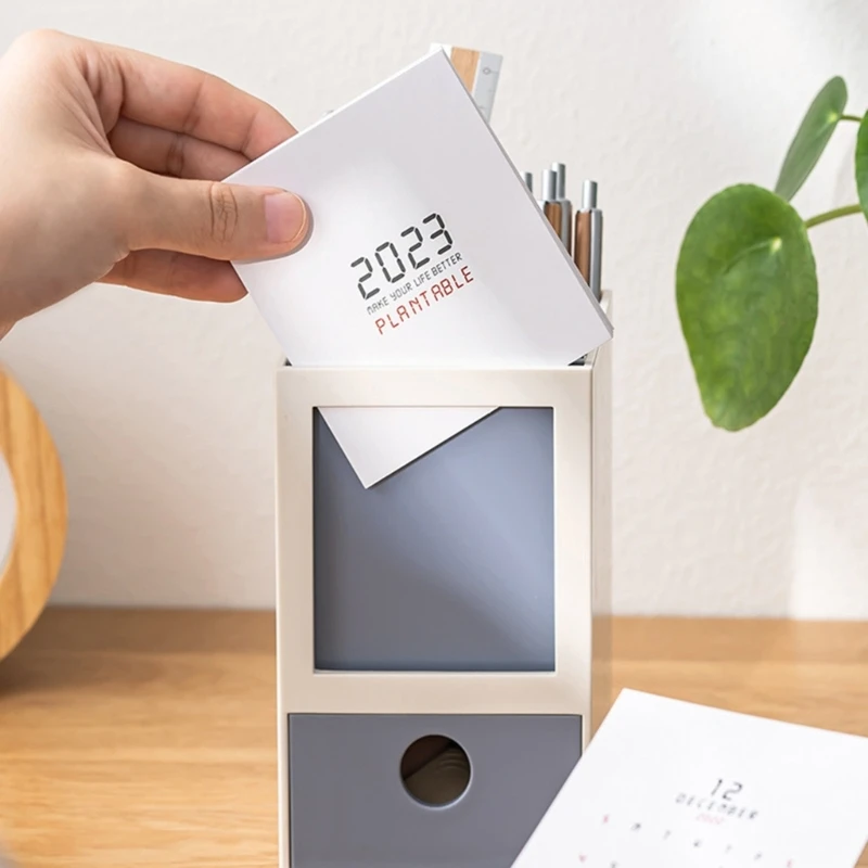 Porta-canetas organizadores armazenamento lápis com gaveta calendário organizadores copos caneta