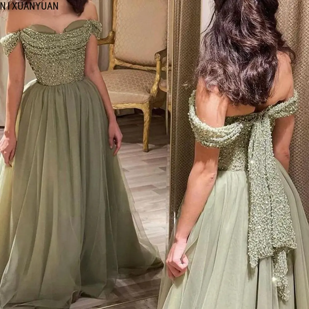 

2023 Off The Shoulder A Line Formal Evening Gowns Party Glitter Sequins Beads Sweetheart Tulle Prom Dresses