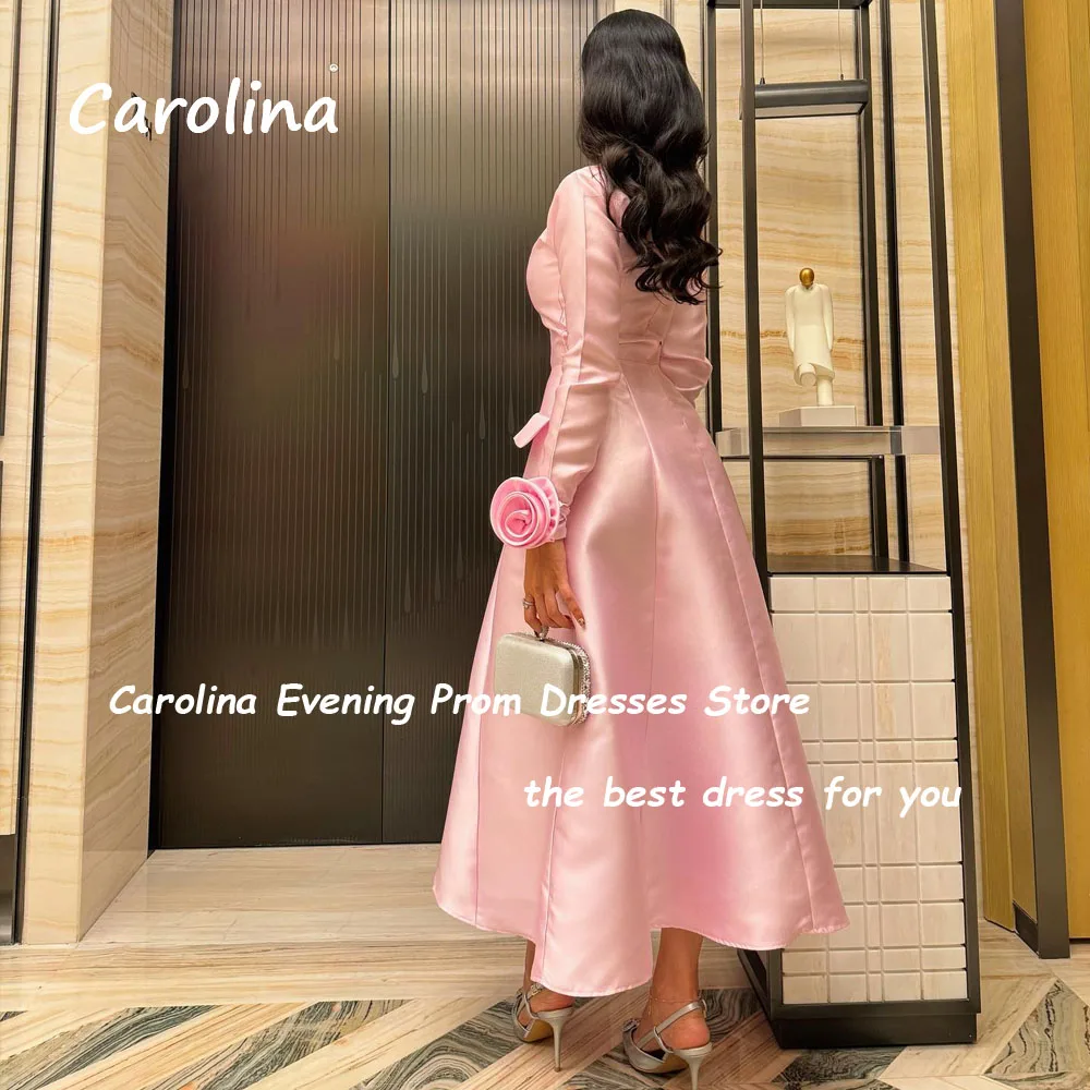 Carolina Simple Pink O-Neck A-LINE Prom dress 2024 Slim Long Sleeve With 3D Flowers Satin Ankle-Length Formal Evening Dress