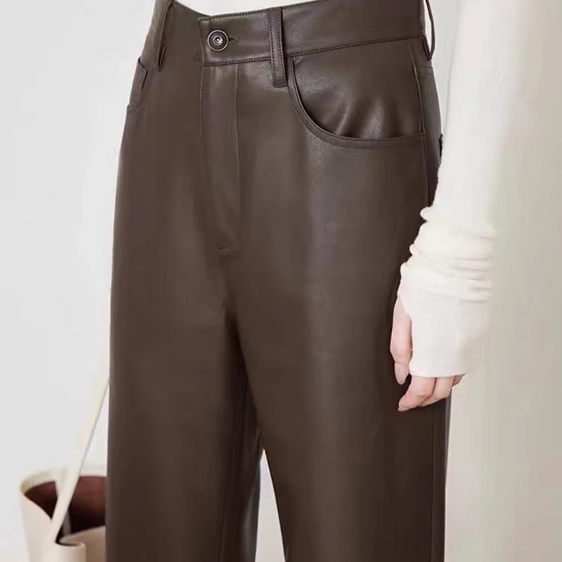 100% leder Hosen Frauen Herbst Winter Mode Schaffell Hohe Taille Schlank Französisch Baguette Hosen Beiläufige Gerade Geerntete Hose