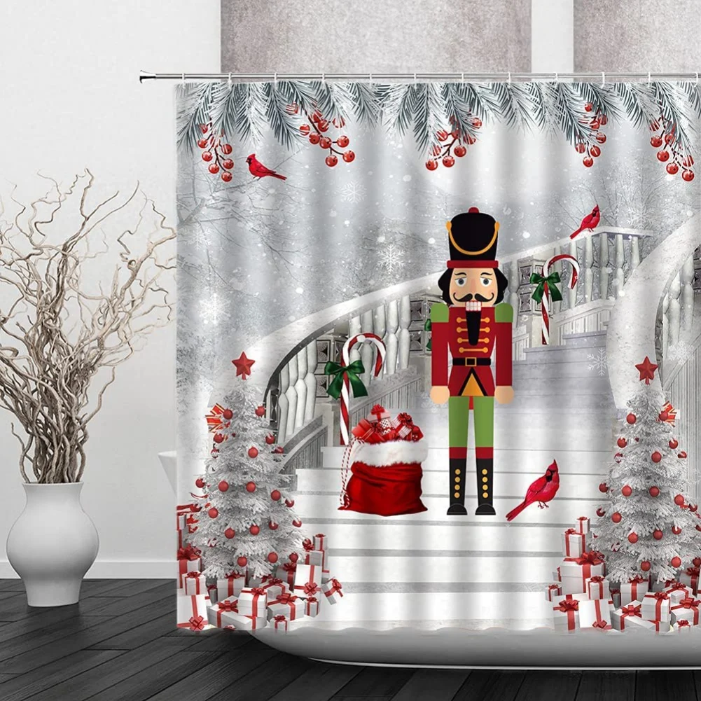 Merry Christmas Bathroom Shower Curtain Red Xmas Tree Snowflake Nutcracker soldier Winter Holiday Fabric Curtains with Hooks