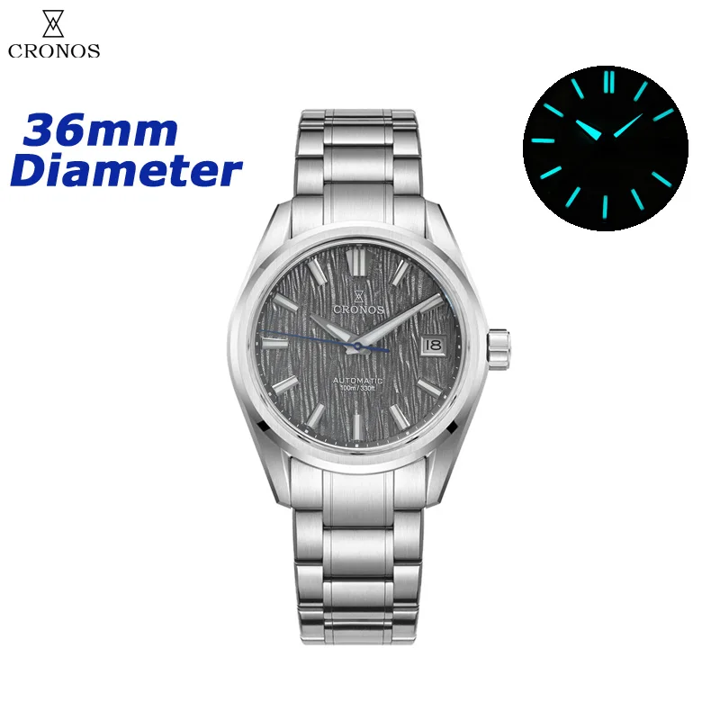Cronos Herenhorloge 36mm Automatisch PT5000 Miyota 9015 uurwerk Polshorloges Witte wijzerplaat Berkenpatroon Saffier 10 ATM L6048M