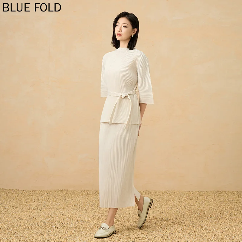 

Miyake Fashion Suit New Style for Early Autumn Half Turtleneck Loose Fashion Lace-up Sweater Simple Retro Temperament Skirt