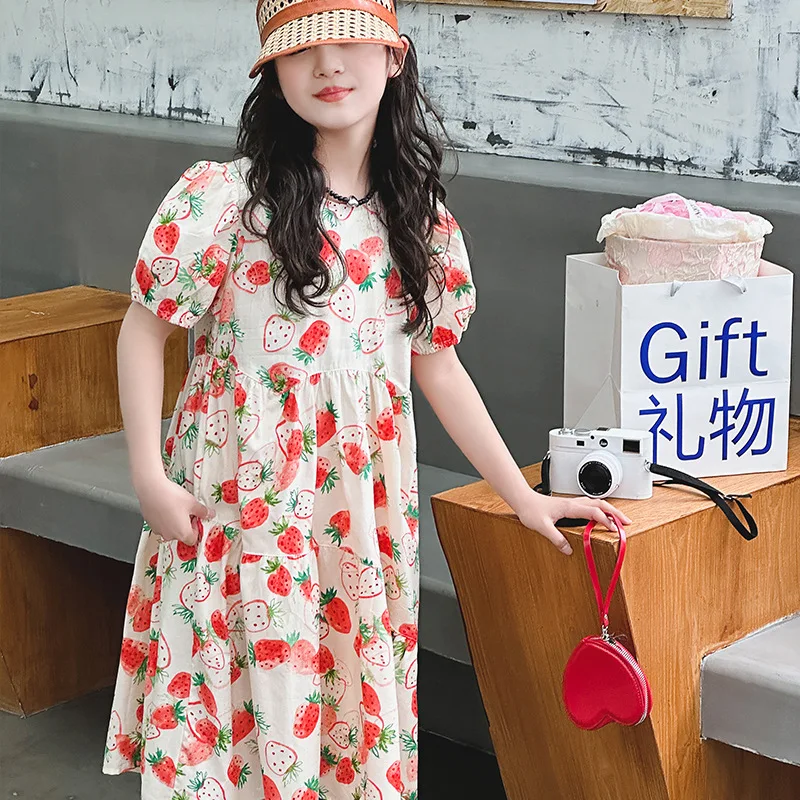 Girls Dress Summer 2023 Printed Fashion Puff Sleeve Mesh Collar Princess Dress for Kids Casual Loose Teen Children Clothes