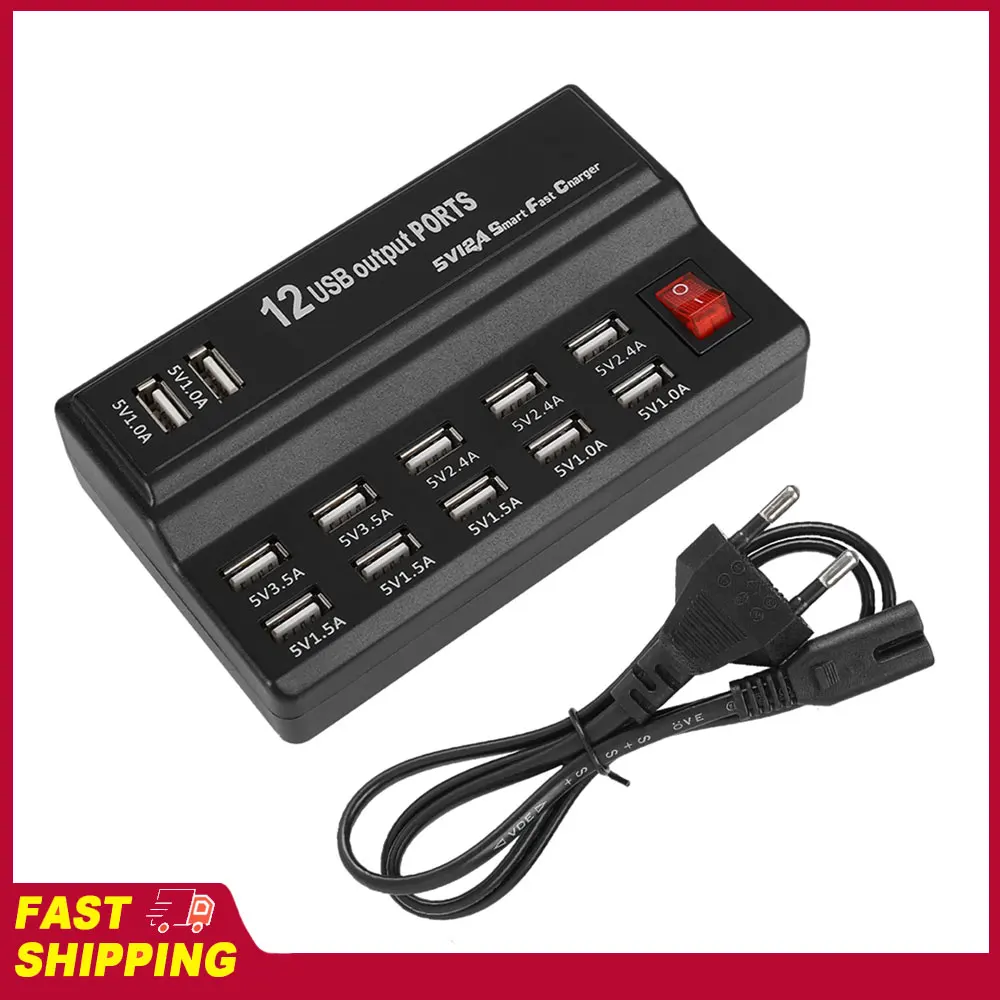 Hub USB de 12 Portas com Adaptador de Energia 5V 12A, Estação de Carregamento USB de 12 Portas para Casa e Viagem