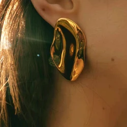 Vintage Irregular Metal Glossy Pleated Stud Earrings for Women European And American Personality Unique Party Jewelry Gifts