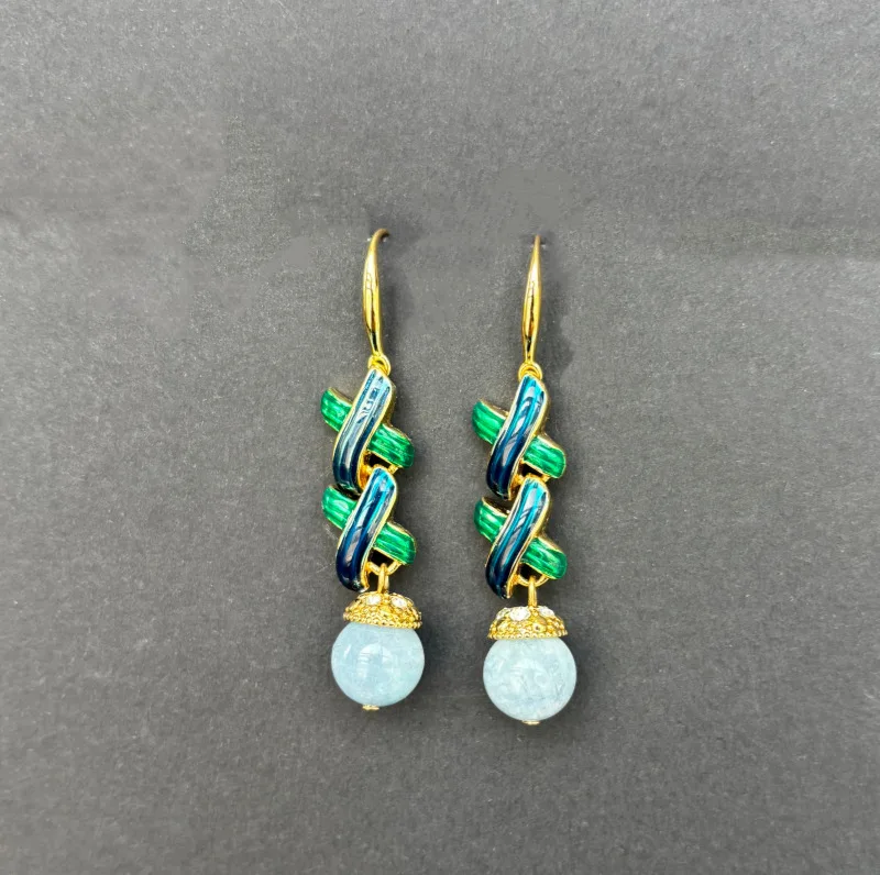 Vintage Blue Green Enamel Wave Pattern Hook Geometric Cross Dangle Drop Earrings for Women Party Jewelry Daily Wear